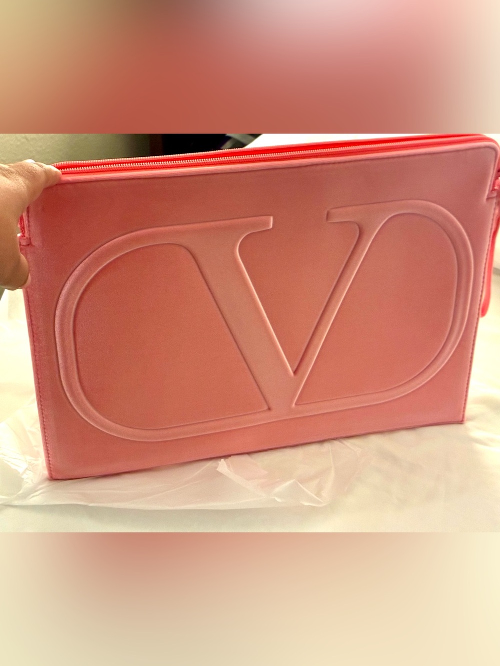Ideal Gift!VALENTINO Pink Embossed V Logo Soft Velvet Laptop sleeve ;Coral pink